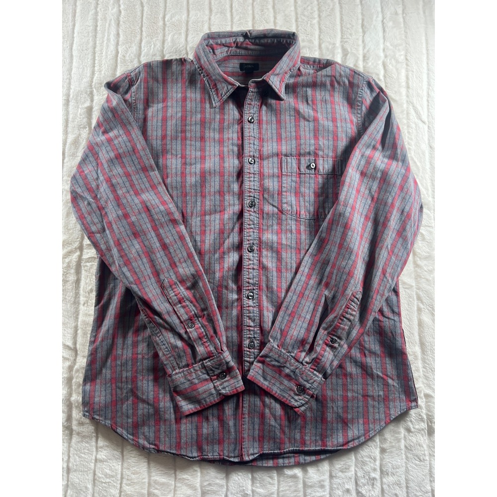 J. Crew Mens L Long Sleeve‎ Button Down Shirt Plaid Casual Gray Red Cotton Fall
